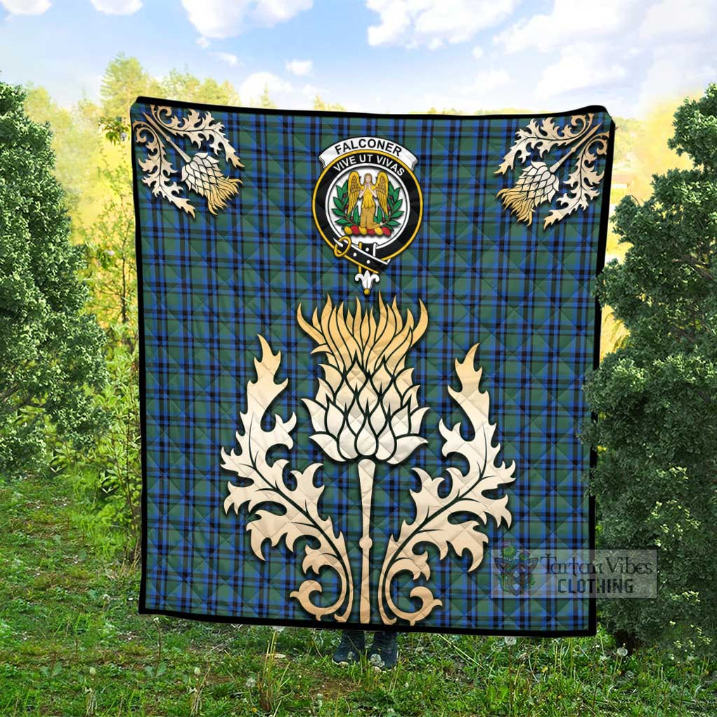 Tartan Vibes Clothing Falconer Tartan Quilt with Family Crest and Golden Thistle Style