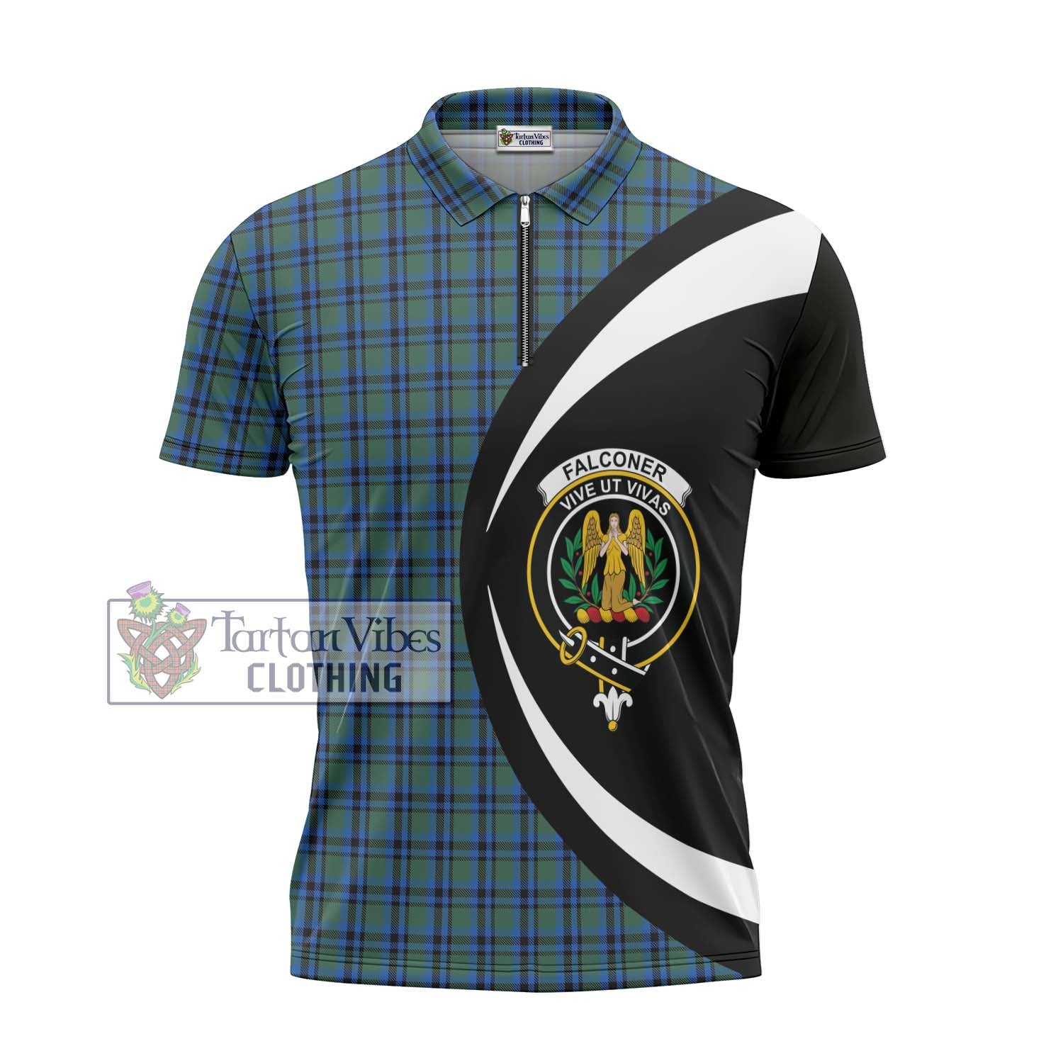 Tartan Vibes Clothing Falconer Tartan Zipper Polo Shirt with Family Crest Circle Style