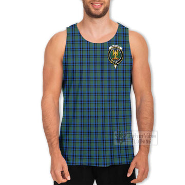 Falconer Tartan Men's Tank Top with Family Crest and Bearded Skull Holding Bottles of Whiskey