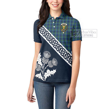 Falconer Tartan Women's Polo Shirt Featuring Thistle and Scotland Map