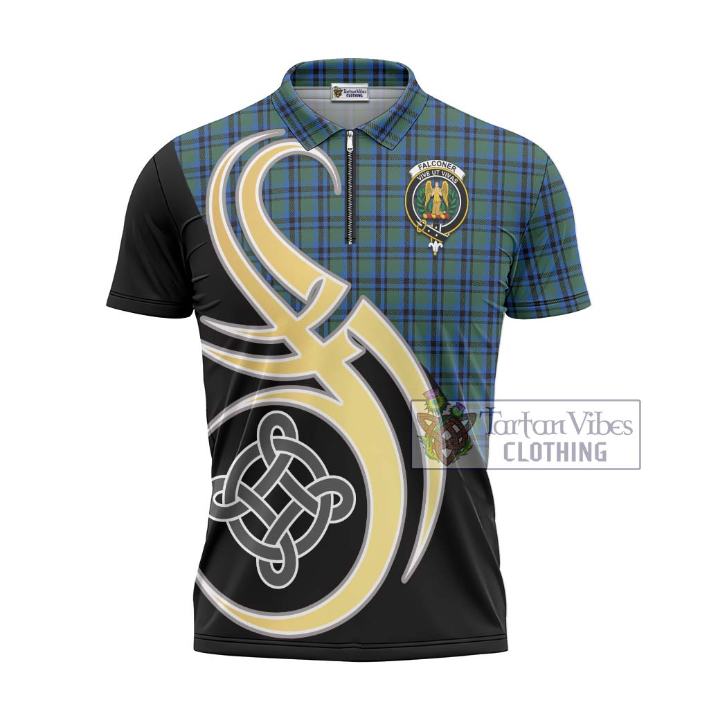 Tartan Vibes Clothing Falconer Tartan Zipper Polo Shirt with Family Crest and Celtic Symbol Style