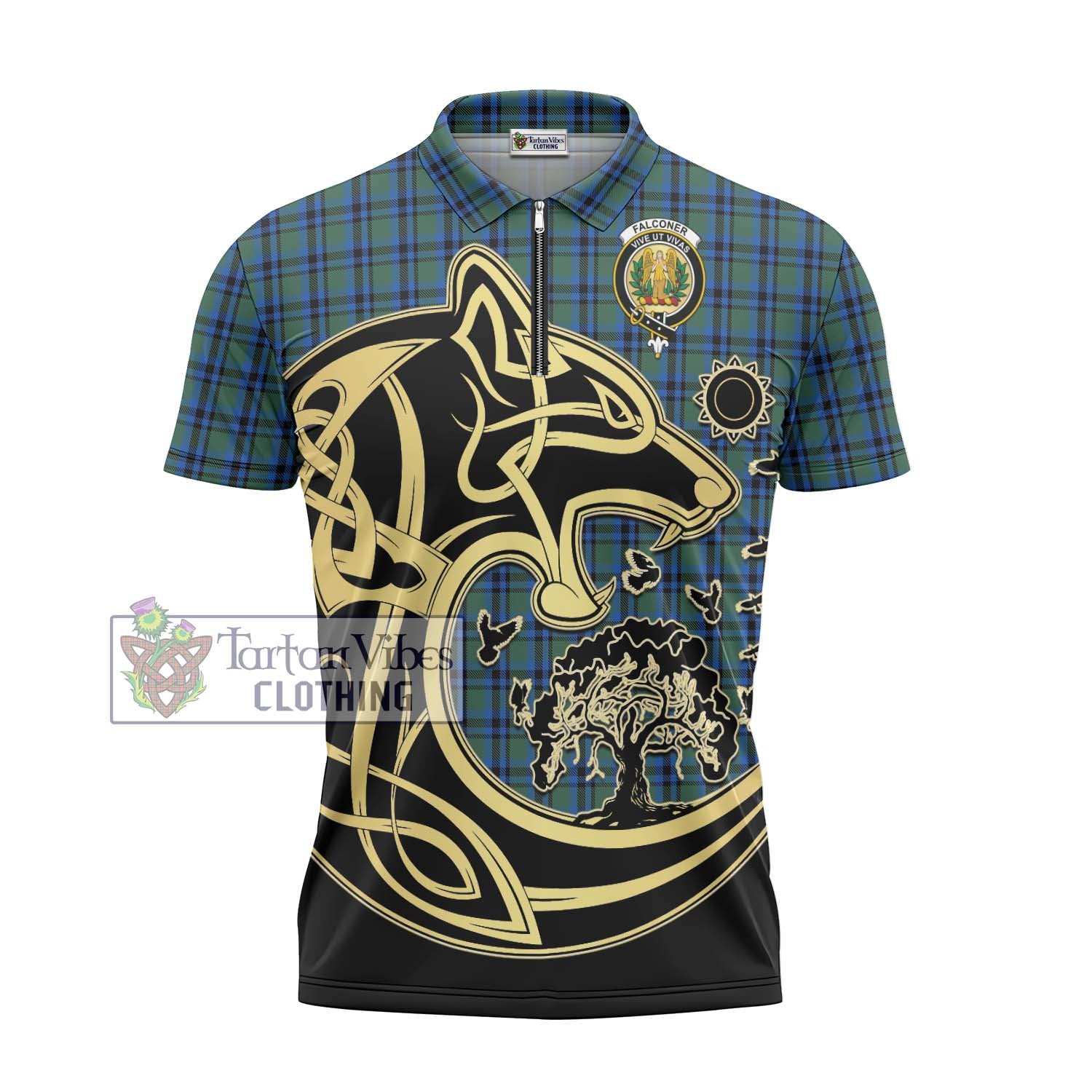 Tartan Vibes Clothing Falconer Tartan Zipper Polo Shirt with Family Crest Celtic Wolf Style