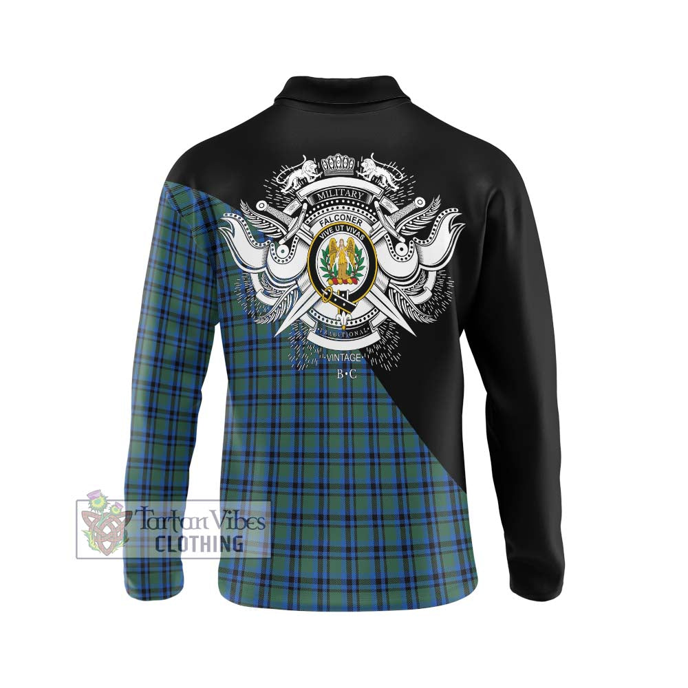 Falconer Tartan Long Sleeve Polo Shirt with Family Crest and Military Logo Style - Tartanvibesclothing Shop