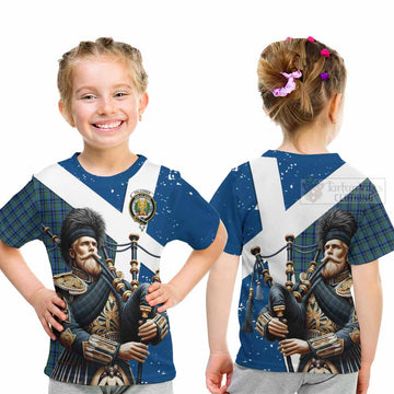 Falconer Tartan Kid T-Shirt with Family Crest Scottish Bagpiper Vibes