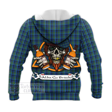 Falconer Tartan Knitted Hoodie with Family Crest and Bearded Skull Holding Bottles of Whiskey