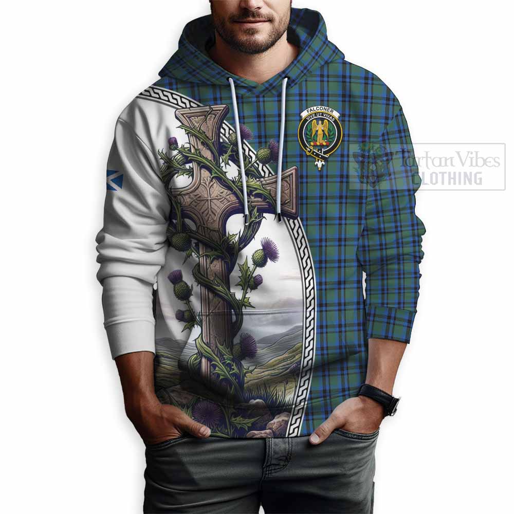 Tartan Vibes Clothing Falconer Tartan Hoodie with Family Crest and St. Andrew's Cross Accented by Thistle Vines