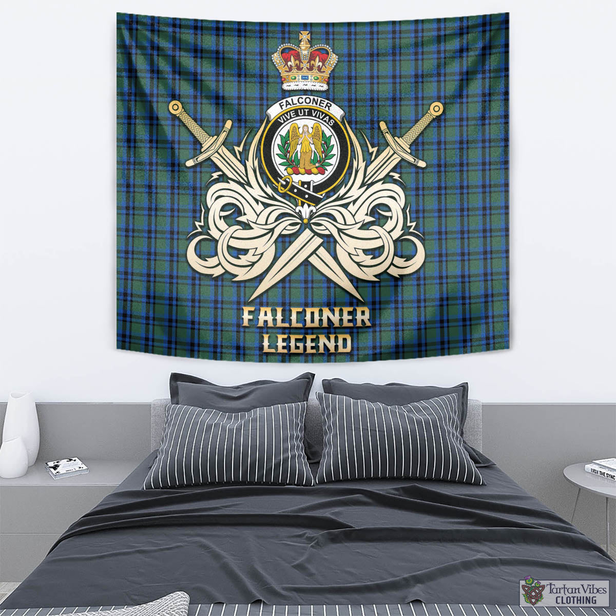 Tartan Vibes Clothing Falconer Tartan Tapestry with Clan Crest and the Golden Sword of Courageous Legacy