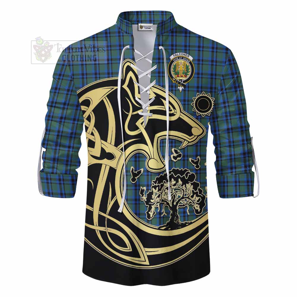 Tartan Vibes Clothing Falconer Tartan Ghillie Kilt Shirt with Family Crest Celtic Wolf Style