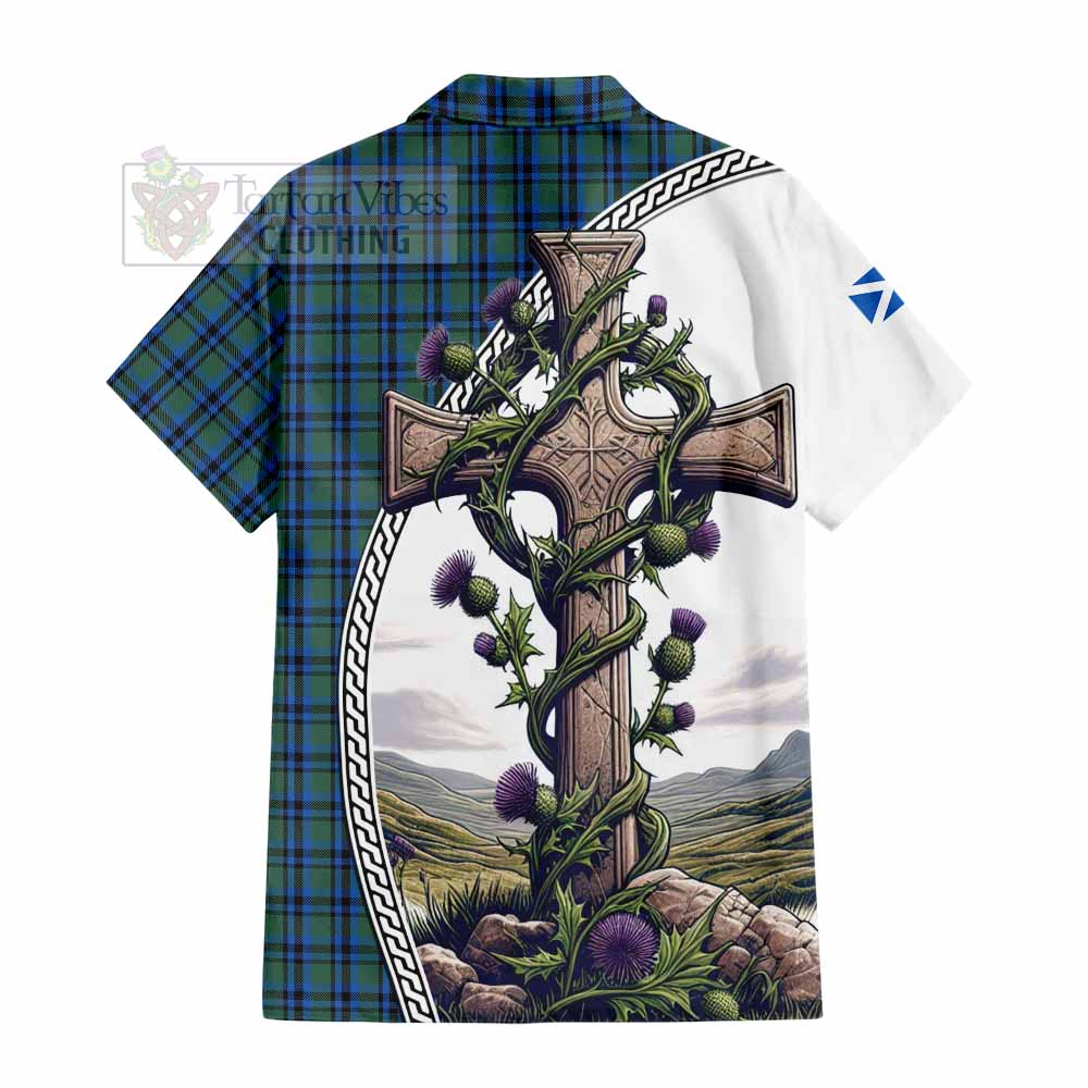 Tartan Vibes Clothing Falconer Tartan Short Sleeve Button Shirt with Family Crest and St. Andrew's Cross Accented by Thistle Vines