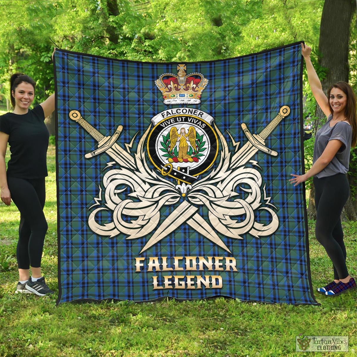 Tartan Vibes Clothing Falconer Tartan Quilt with Clan Crest and the Golden Sword of Courageous Legacy