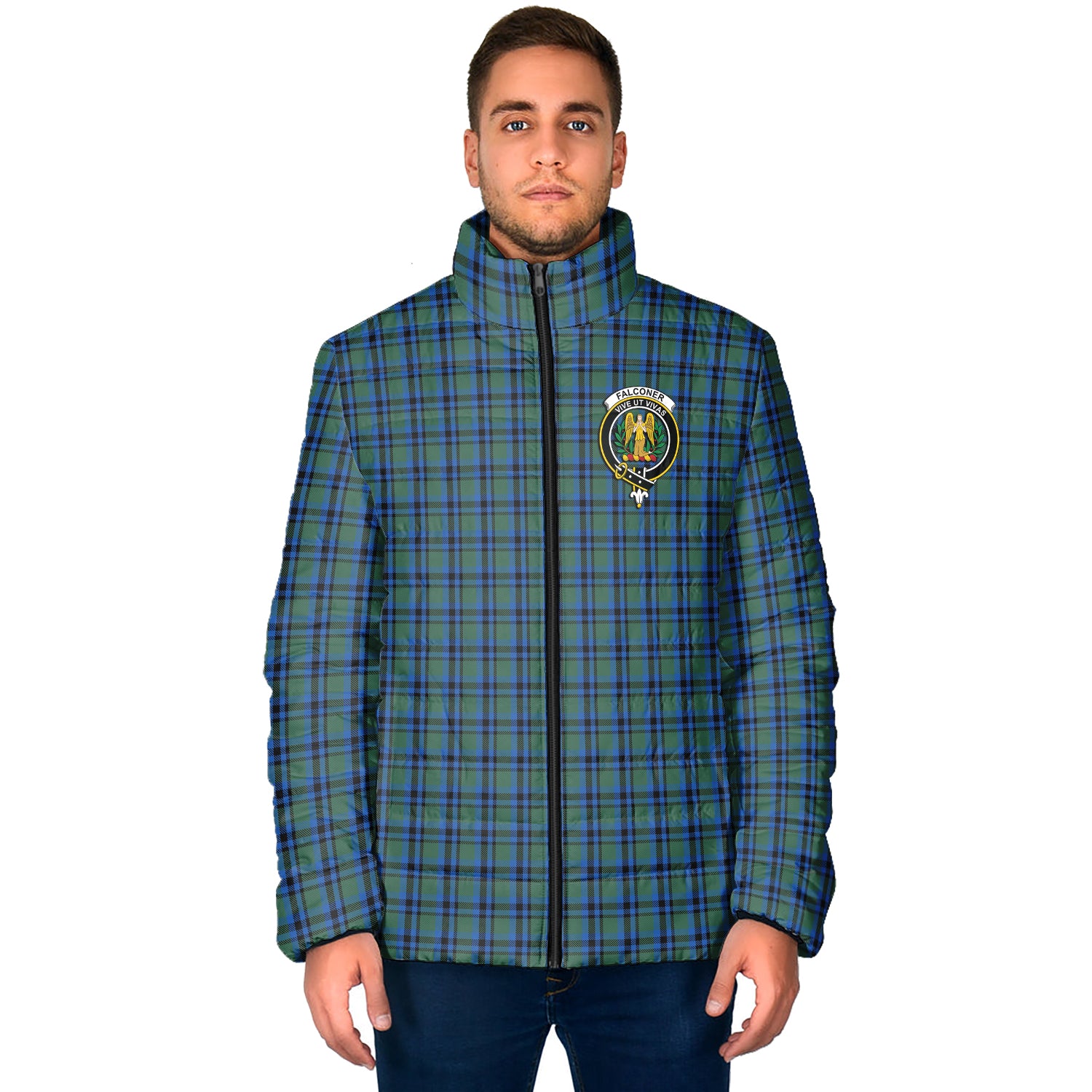 Falconer Tartan Padded Jacket with Family Crest - Tartan Vibes Clothing