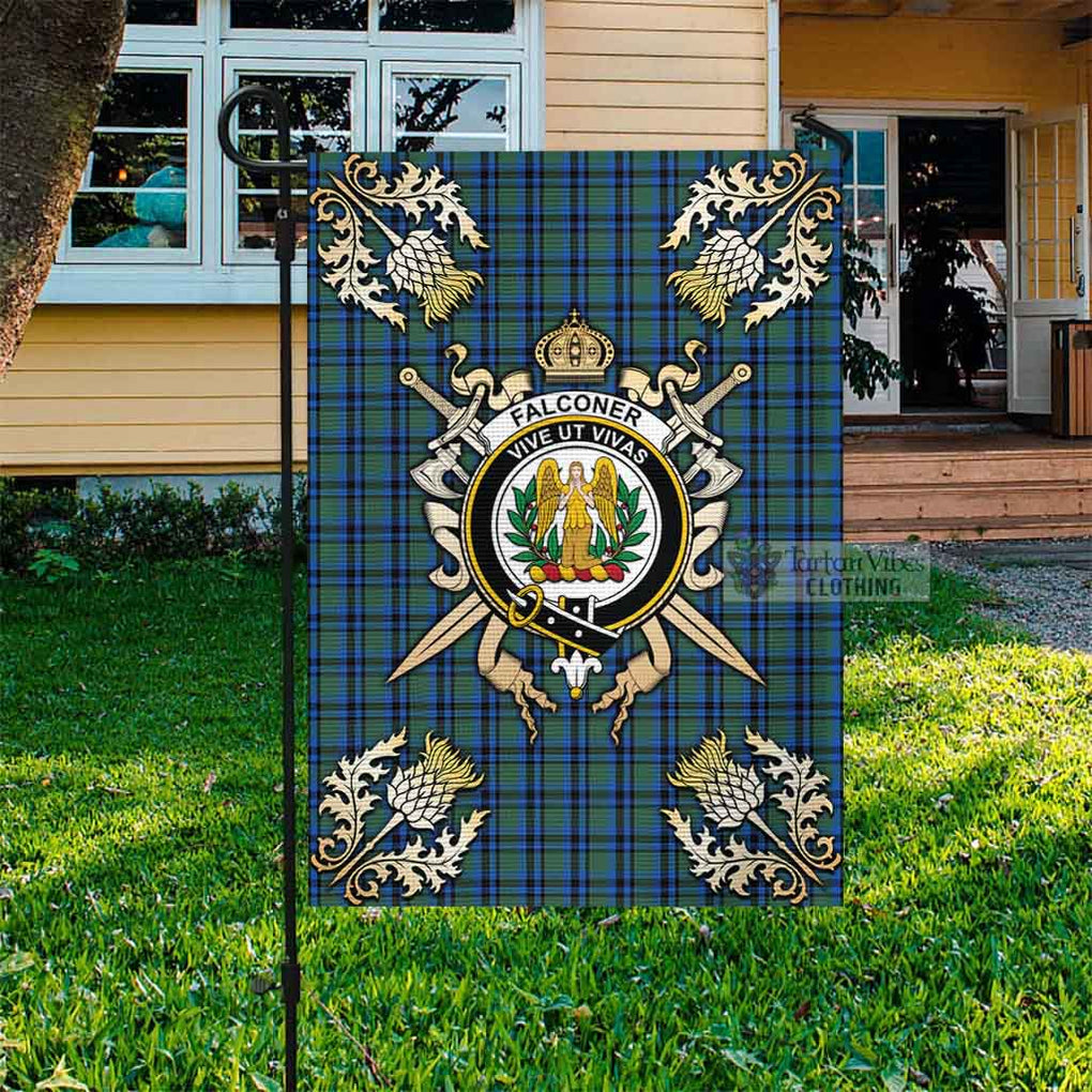 Tartan Vibes Clothing Falconer Tartan Flag with Family Crest and Golden Thistle Crossed Sword Design