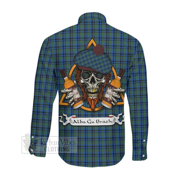 Falconer Tartan Long Sleeve Button Shirt with Family Crest and Bearded Skull Holding Bottles of Whiskey