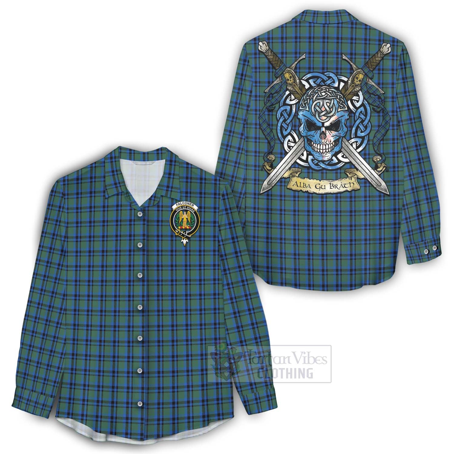 Tartan Vibes Clothing Falconer Tartan Women's Casual Shirt with Family Crest Celtic Skull Style