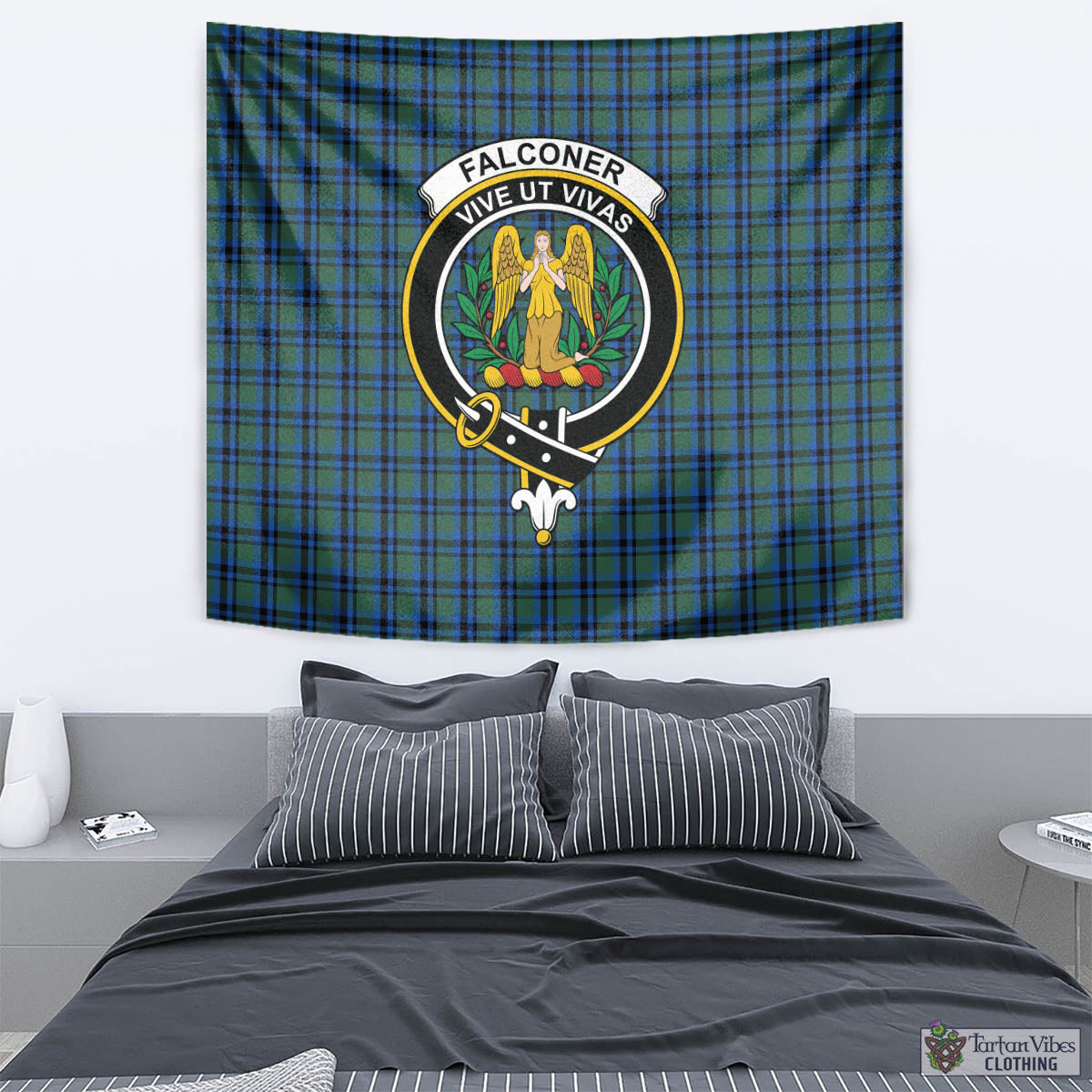 Tartan Vibes Clothing Falconer Tartan Tapestry Wall Hanging and Home Decor for Room with Family Crest