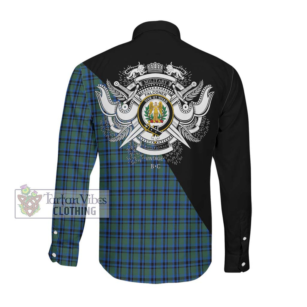 Falconer Tartan Long Sleeve Button Shirt with Family Crest and Military Logo Style Men's Shirt - Tartanvibesclothing Shop