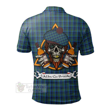 Falconer Tartan Polo Shirt with Family Crest and Bearded Skull Holding Bottles of Whiskey