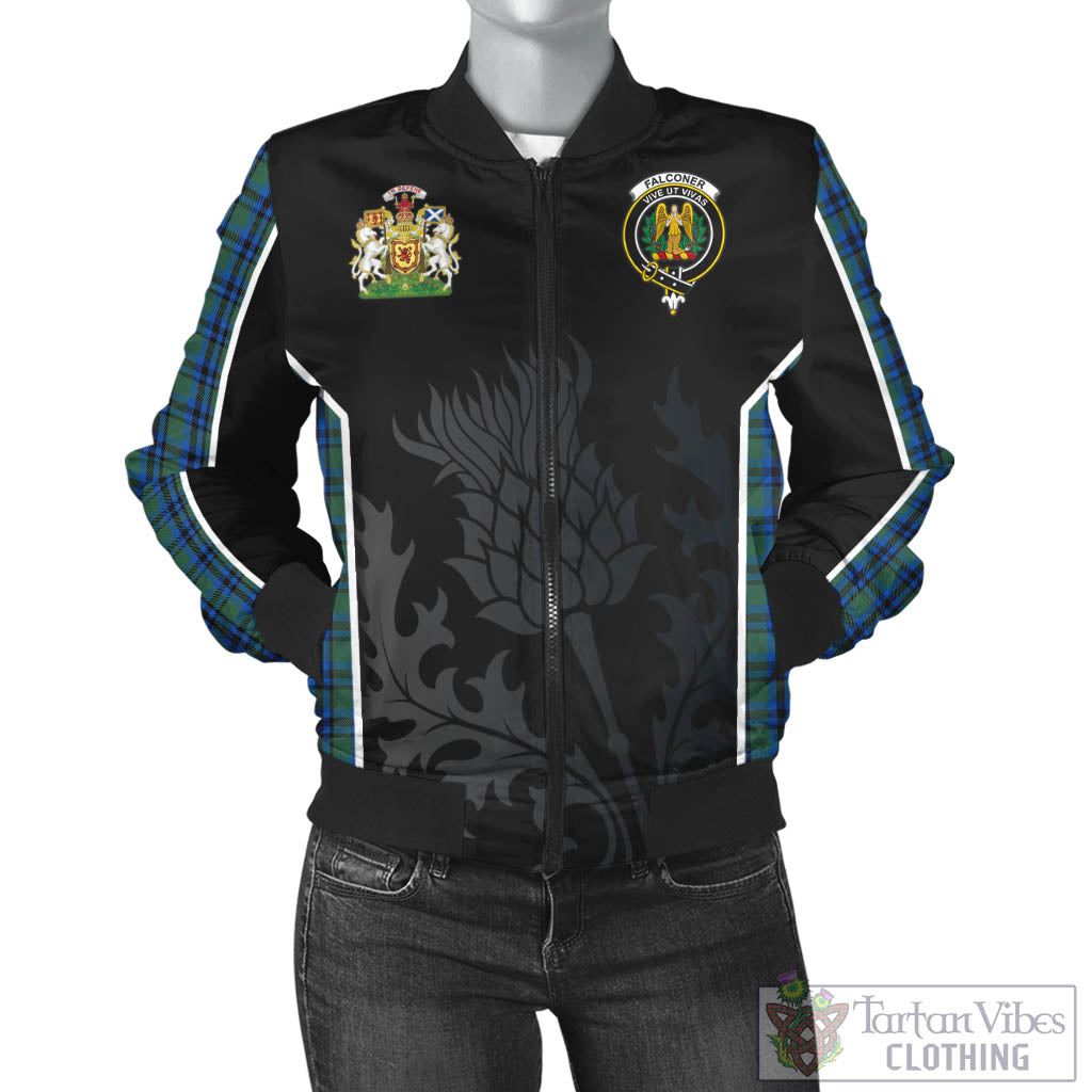 Tartan Vibes Clothing Falconer Tartan Bomber Jacket with Family Crest and Scottish Thistle Vibes Sport Style