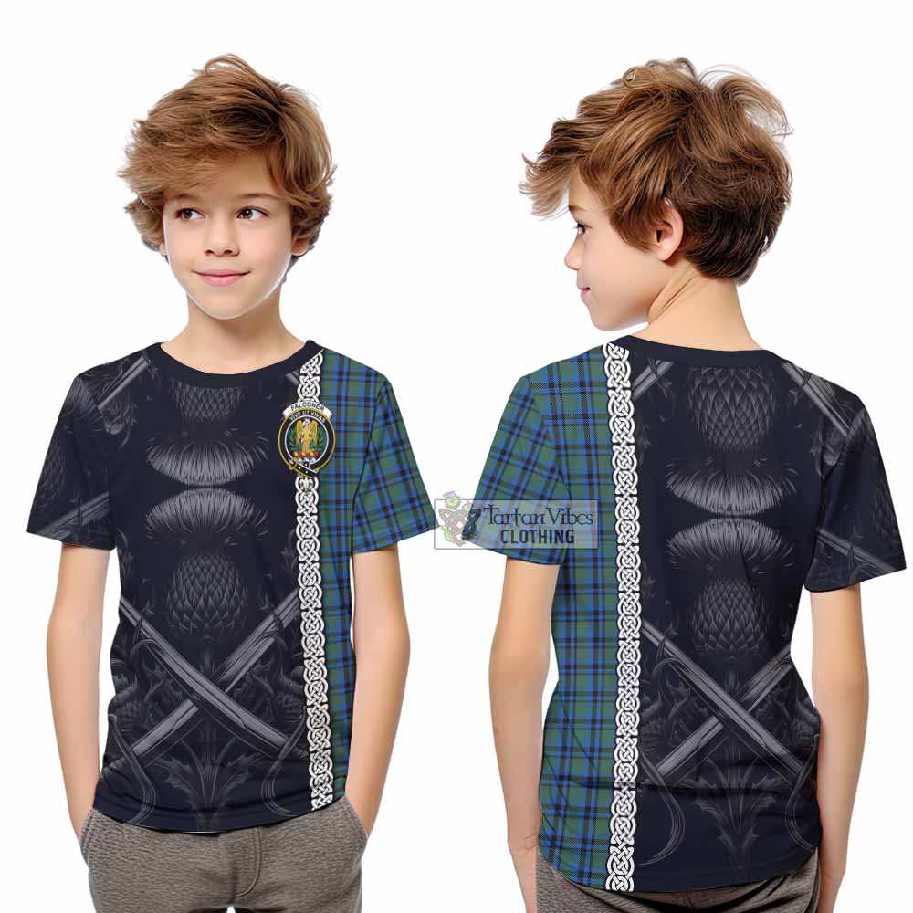 Falconer Tartan Kid T-Shirt with Family Crest Cross Sword Thistle Celtic Vibes - Tartan Vibes Clothing