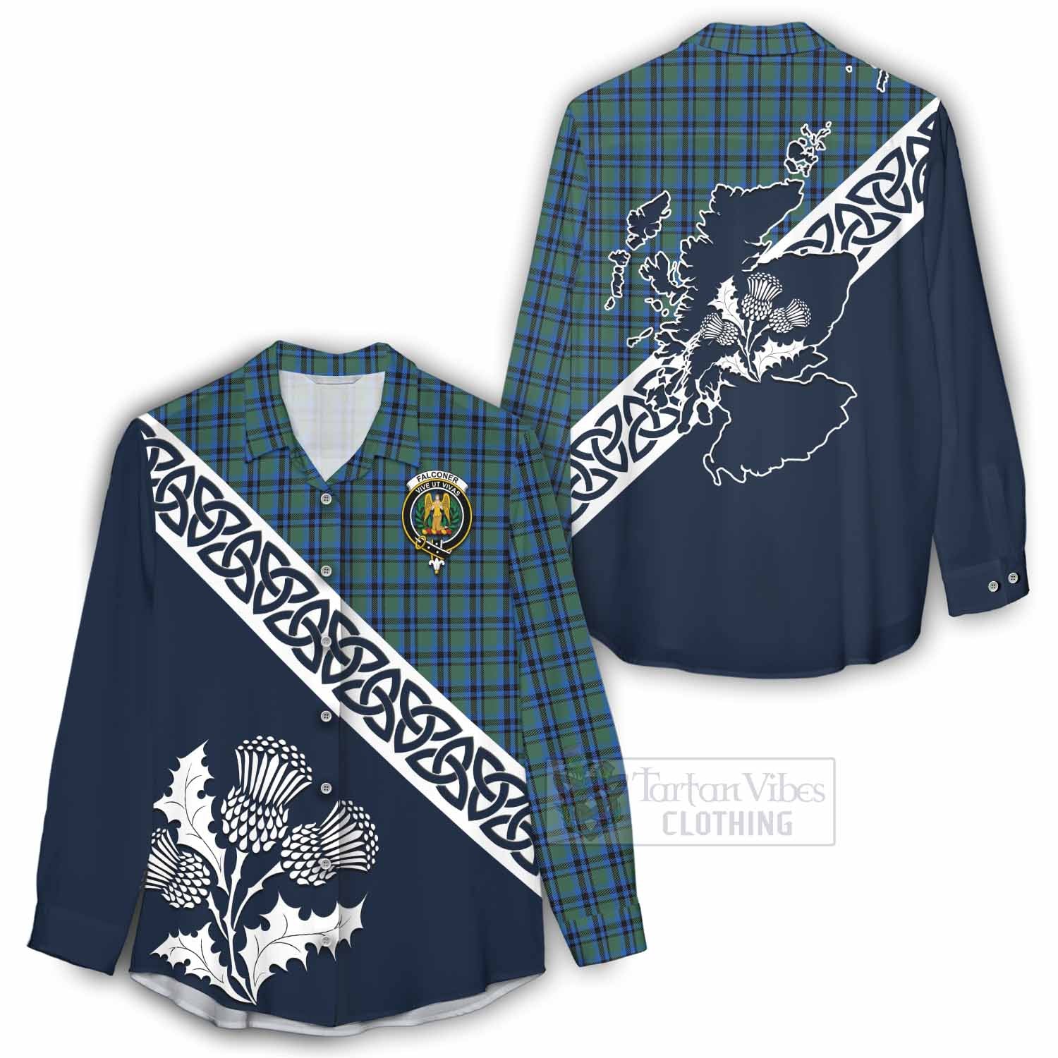 Tartan Vibes Clothing Falconer Tartan Women's Casual Shirt Featuring Thistle and Scotland Map