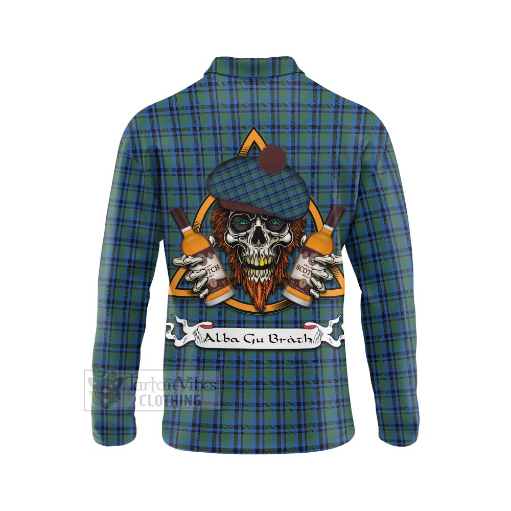 Tartan Vibes Clothing Falconer Tartan Long Sleeve Polo Shirt with Family Crest and Bearded Skull Holding Bottles of Whiskey