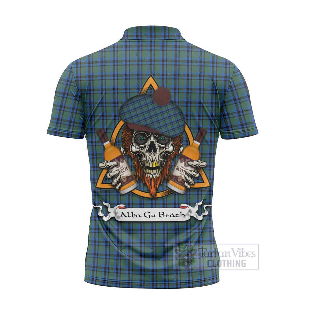 Tartan Vibes Clothing Falconer Tartan Zipper Polo Shirt with Family Crest and Bearded Skull Holding Bottles of Whiskey