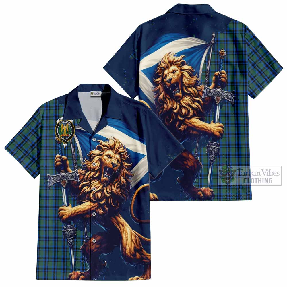 Tartan Vibes Clothing Falconer Tartan Family Crest Short Sleeve Button Shirt with Scottish Majestic Lion