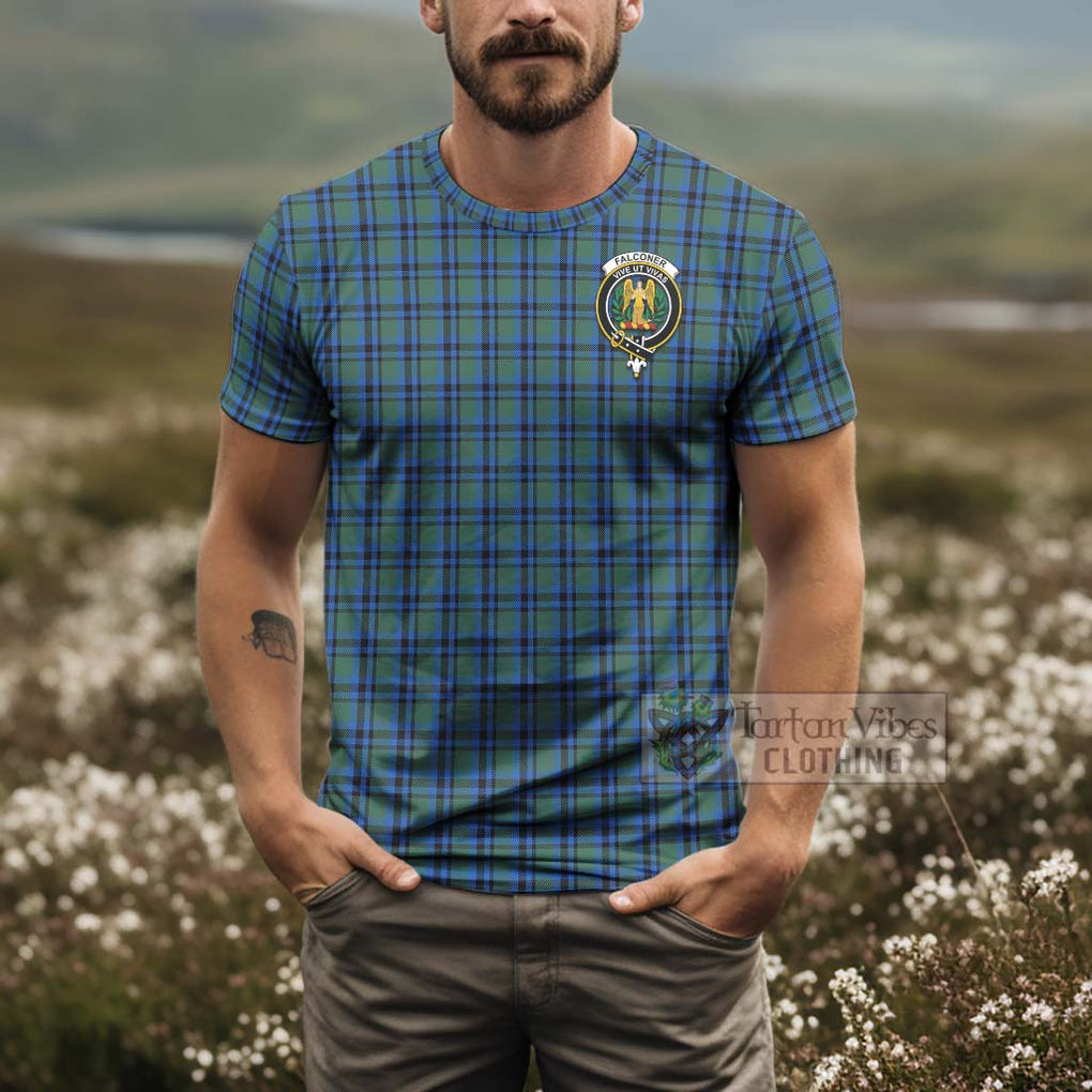 Tartan Vibes Clothing Falconer Tartan T-Shirt with Family Crest and Bearded Skull Holding Bottles of Whiskey