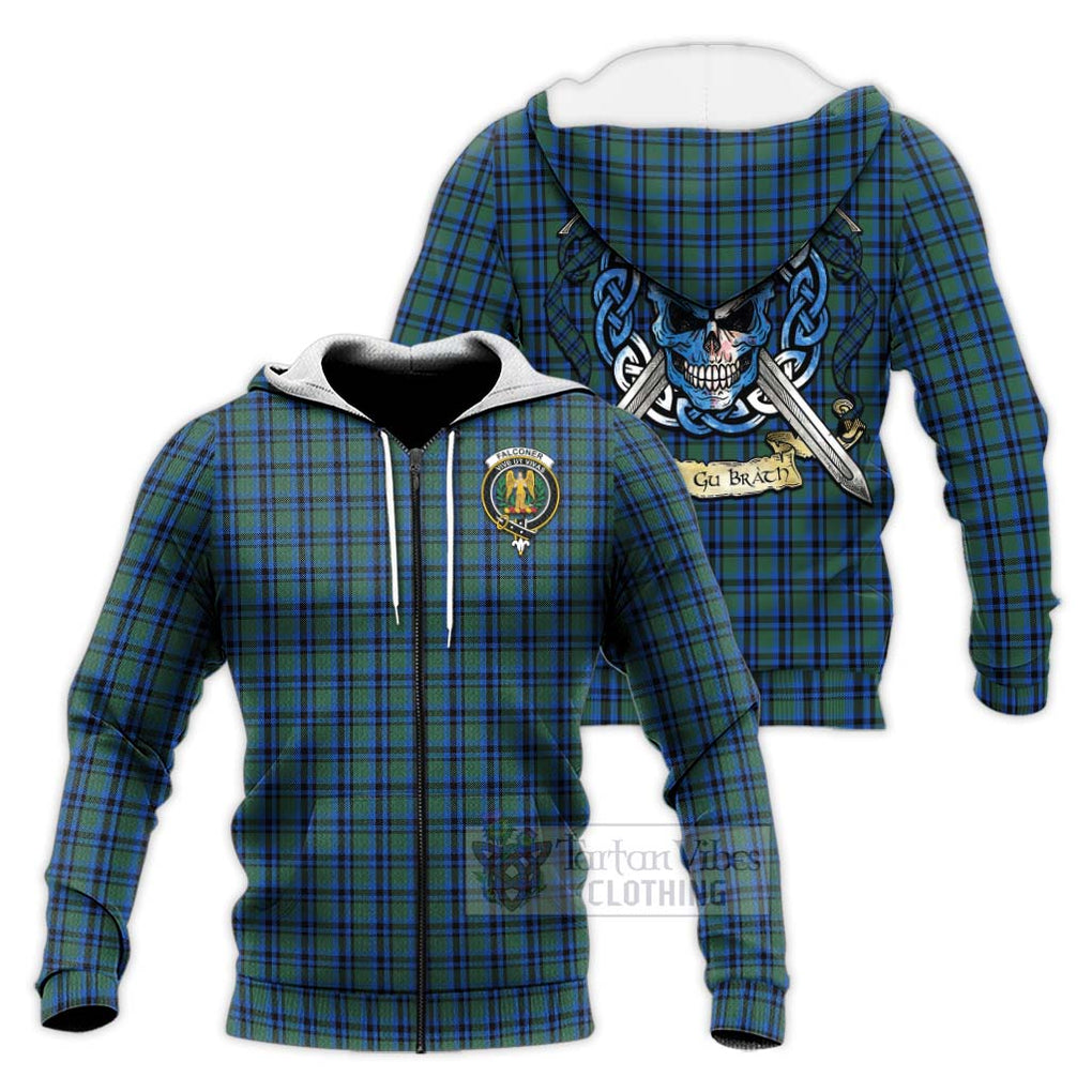 Tartan Vibes Clothing Falconer Tartan Knitted Hoodie with Family Crest Celtic Skull Style