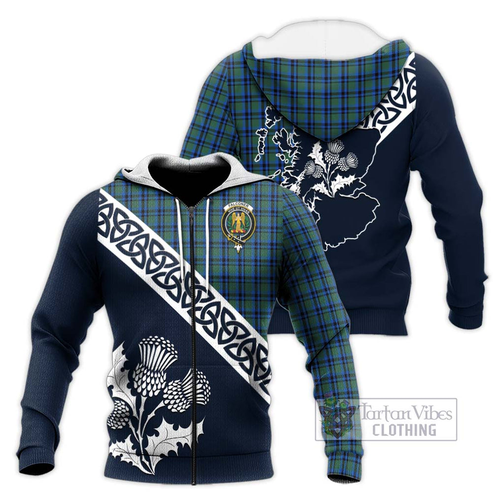 Tartan Vibes Clothing Falconer Tartan Knitted Hoodie Featuring Thistle and Scotland Map