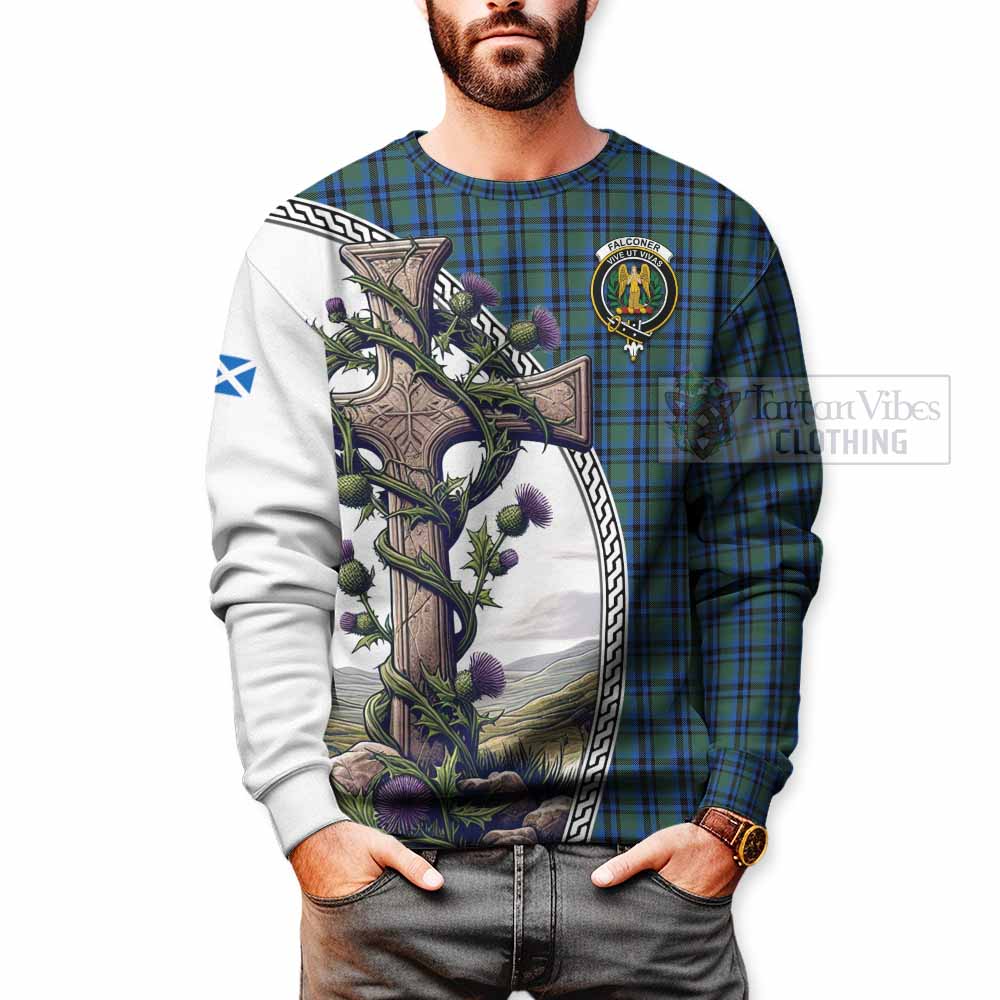 Tartan Vibes Clothing Falconer Tartan Sweatshirt with Family Crest and St. Andrew's Cross Accented by Thistle Vines