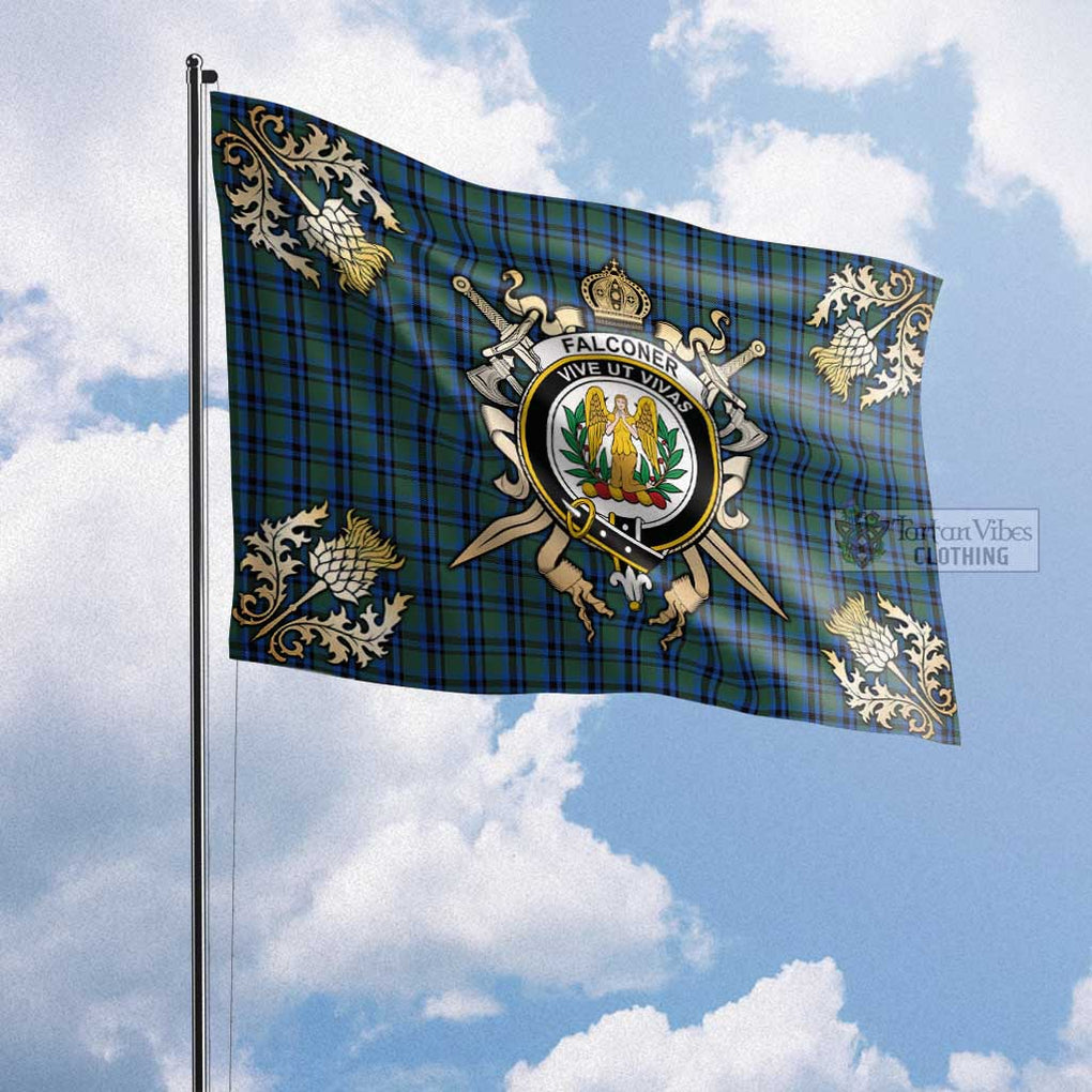 Tartan Vibes Clothing Falconer Tartan Flag with Family Crest and Golden Thistle Crossed Sword Design