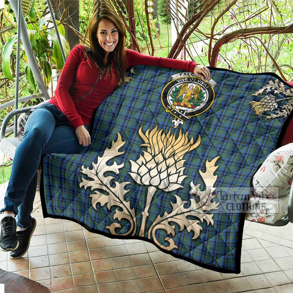 Tartan Vibes Clothing Falconer Tartan Quilt with Family Crest and Golden Thistle Style