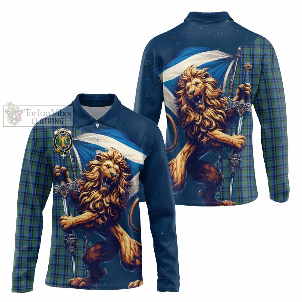 Tartan Vibes Clothing Falconer Tartan Family Crest Long Sleeve Polo Shirt with Scottish Majestic Lion