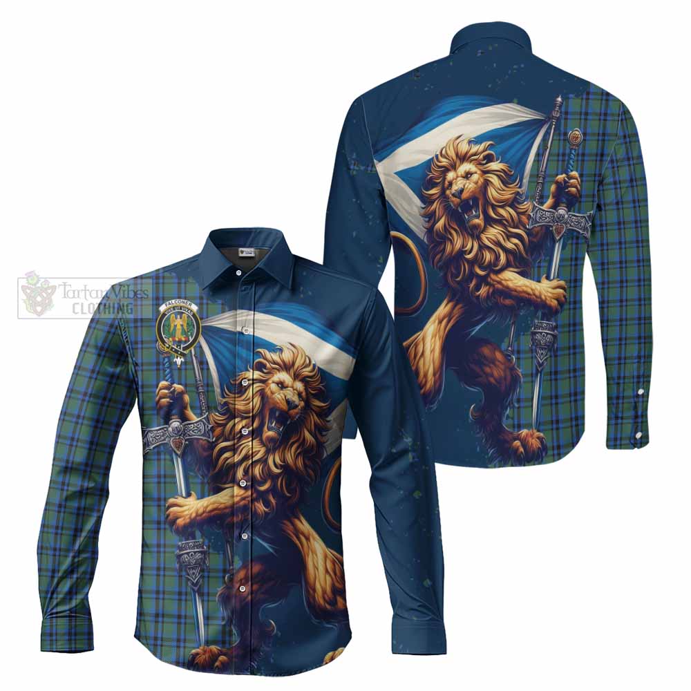 Tartan Vibes Clothing Falconer Tartan Family Crest Long Sleeve Button Shirt with Scottish Majestic Lion