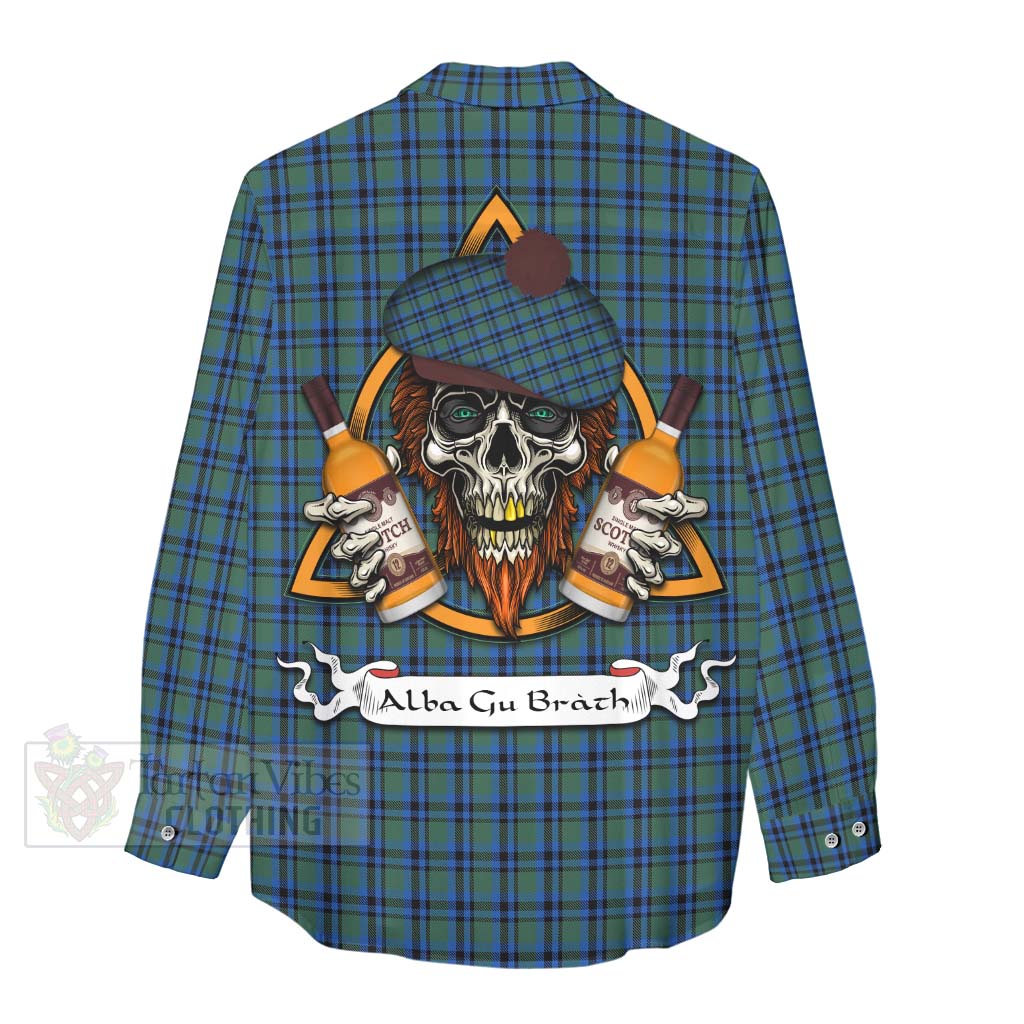 Tartan Vibes Clothing Falconer Tartan Women's Casual Shirt with Family Crest and Bearded Skull Holding Bottles of Whiskey