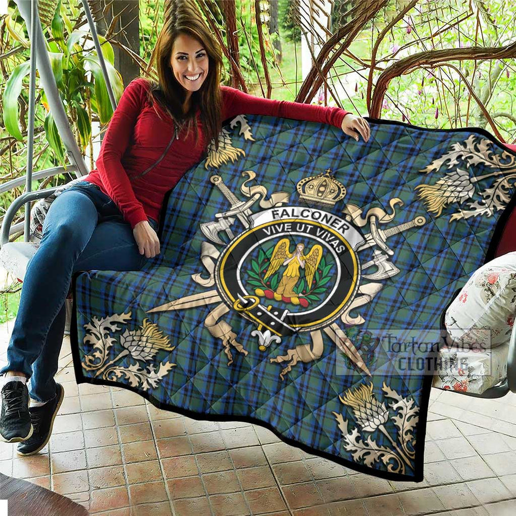 Tartan Vibes Clothing Falconer Tartan Quilt with Family Crest and Scottish Golden Courage Shield