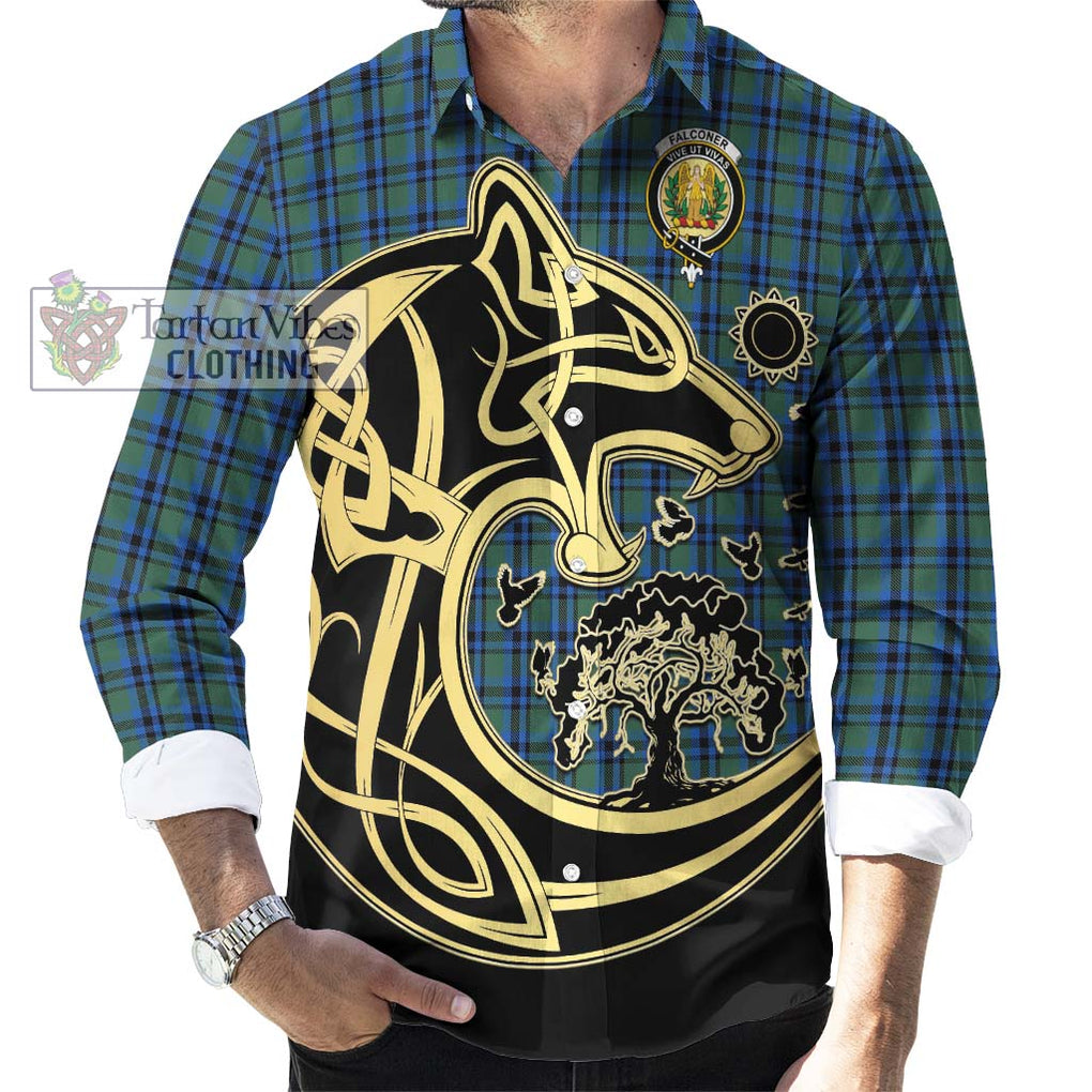 Falconer Tartan Long Sleeve Button Shirt with Family Crest Celtic Wolf Style - Tartan Vibes Clothing