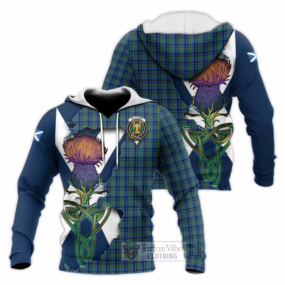 Falconer Tartan Family Crest Knitted Hoodie Scottish Thistle Celtic Inspired - Tartan Vibes Clothing