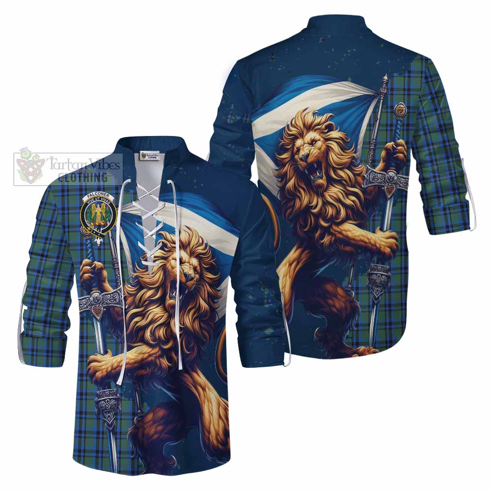 Tartan Vibes Clothing Falconer Tartan Family Crest Ghillie Kilt Shirt with Scottish Majestic Lion