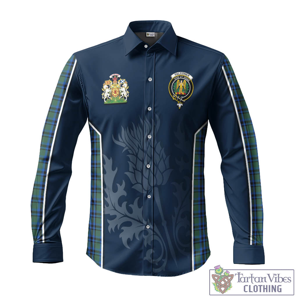 Tartan Vibes Clothing Falconer Tartan Long Sleeve Button Up Shirt with Family Crest and Scottish Thistle Vibes Sport Style