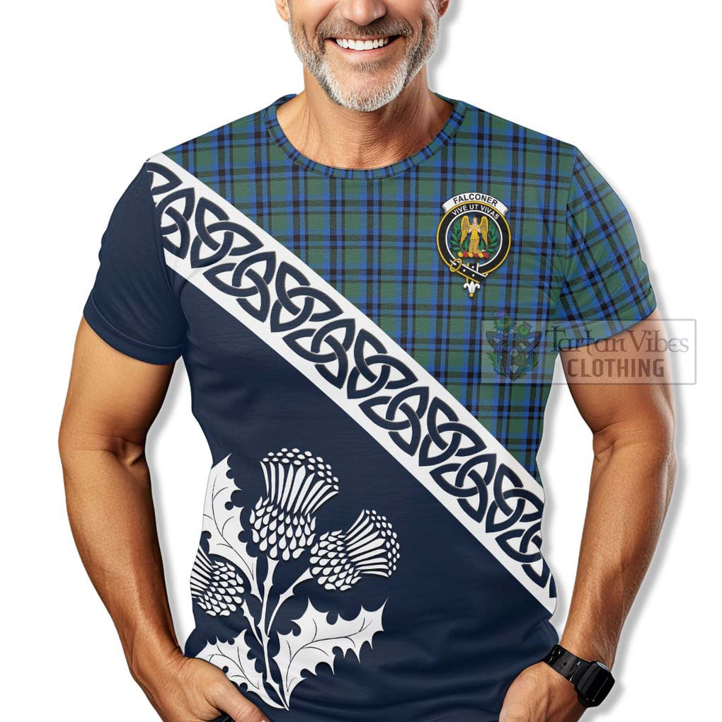 Falconer Tartan T-Shirt Featuring Thistle and Scotland Map