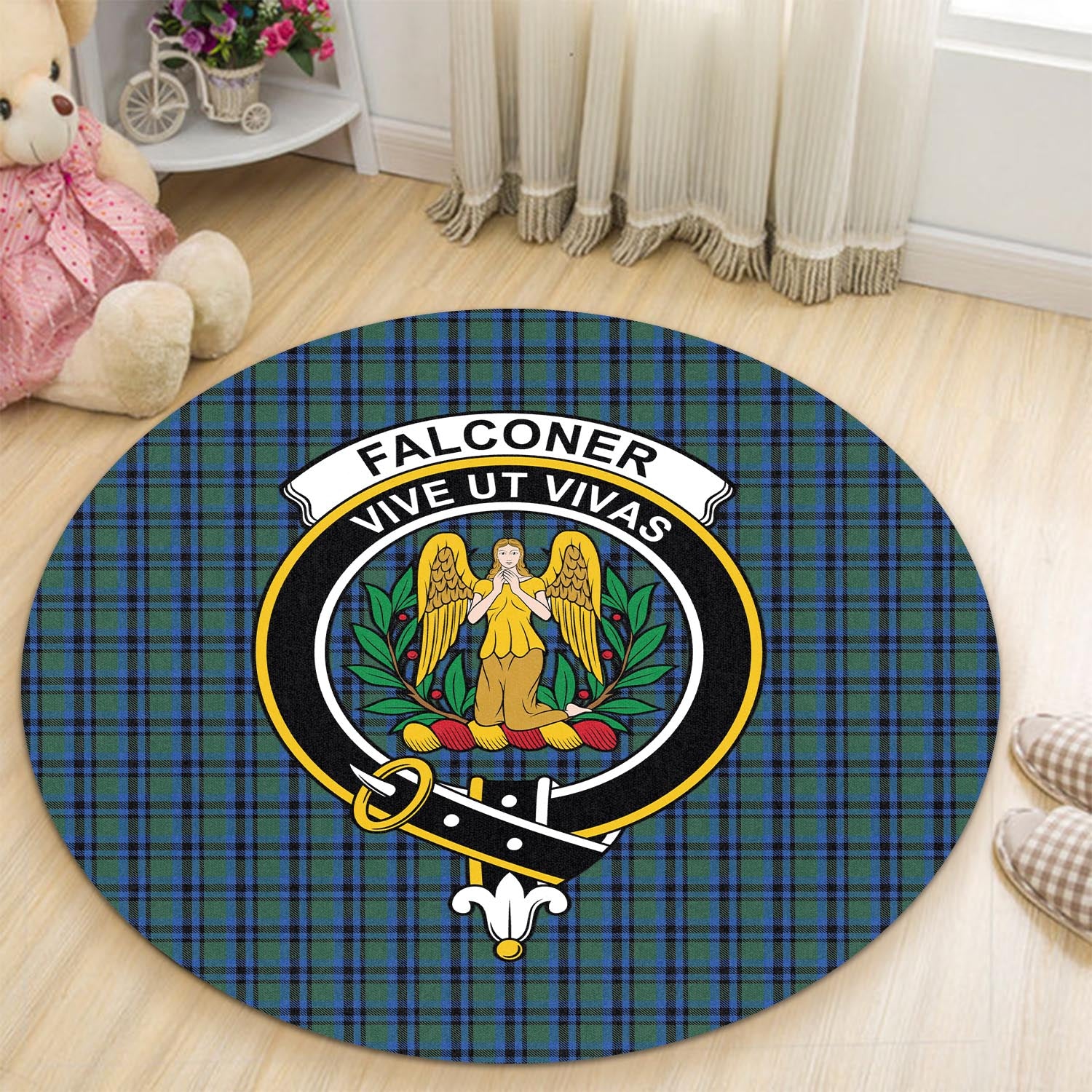 Falconer Tartan Round Rug with Family Crest - Tartanvibesclothing