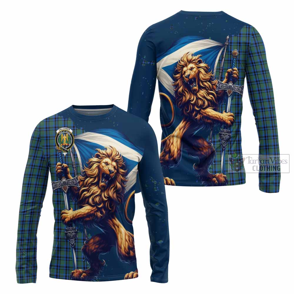 Tartan Vibes Clothing Falconer Tartan Family Crest Long Sleeve T-Shirt with Scottish Majestic Lion