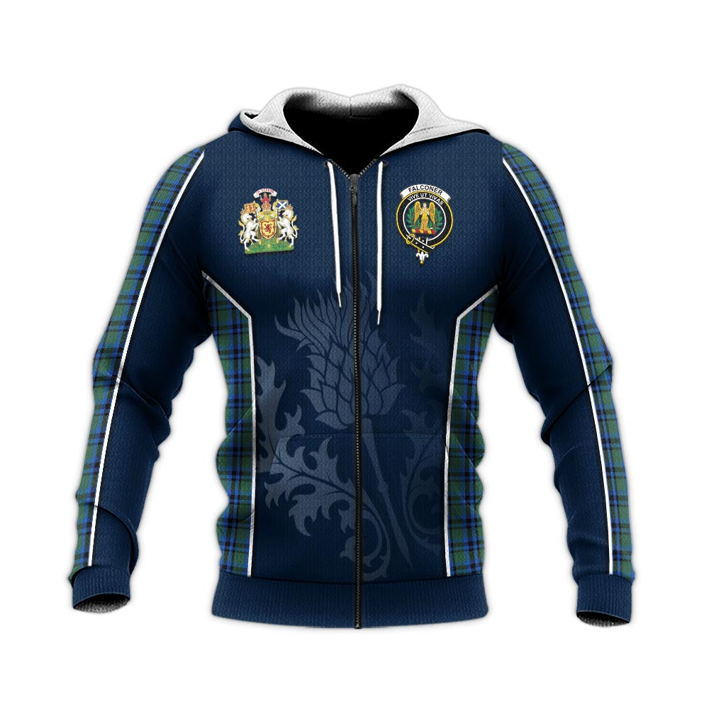 Tartan Vibes Clothing Falconer Tartan Knitted Hoodie with Family Crest and Scottish Thistle Vibes Sport Style