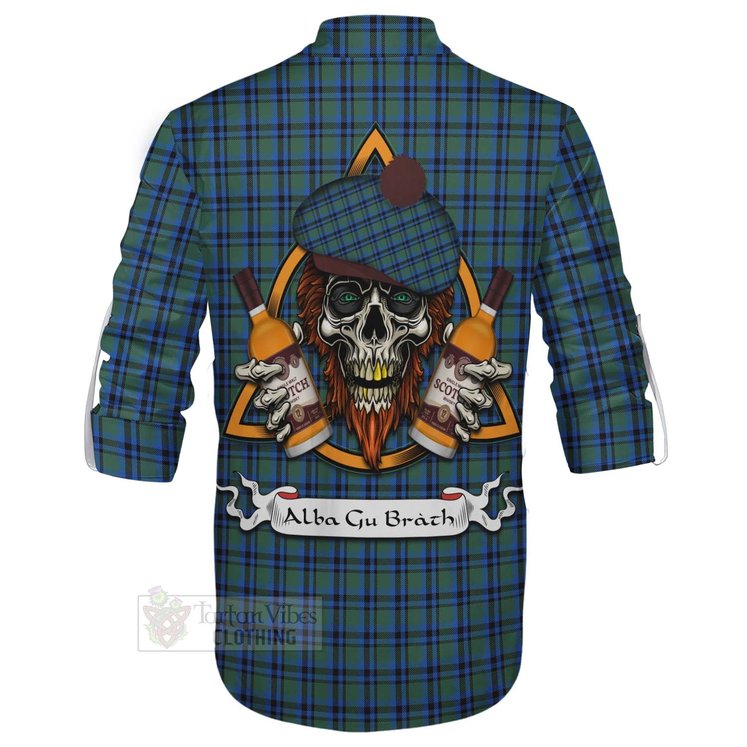 Tartan Vibes Clothing Falconer Tartan Ghillie Kilt Shirt with Family Crest and Bearded Skull Holding Bottles of Whiskey