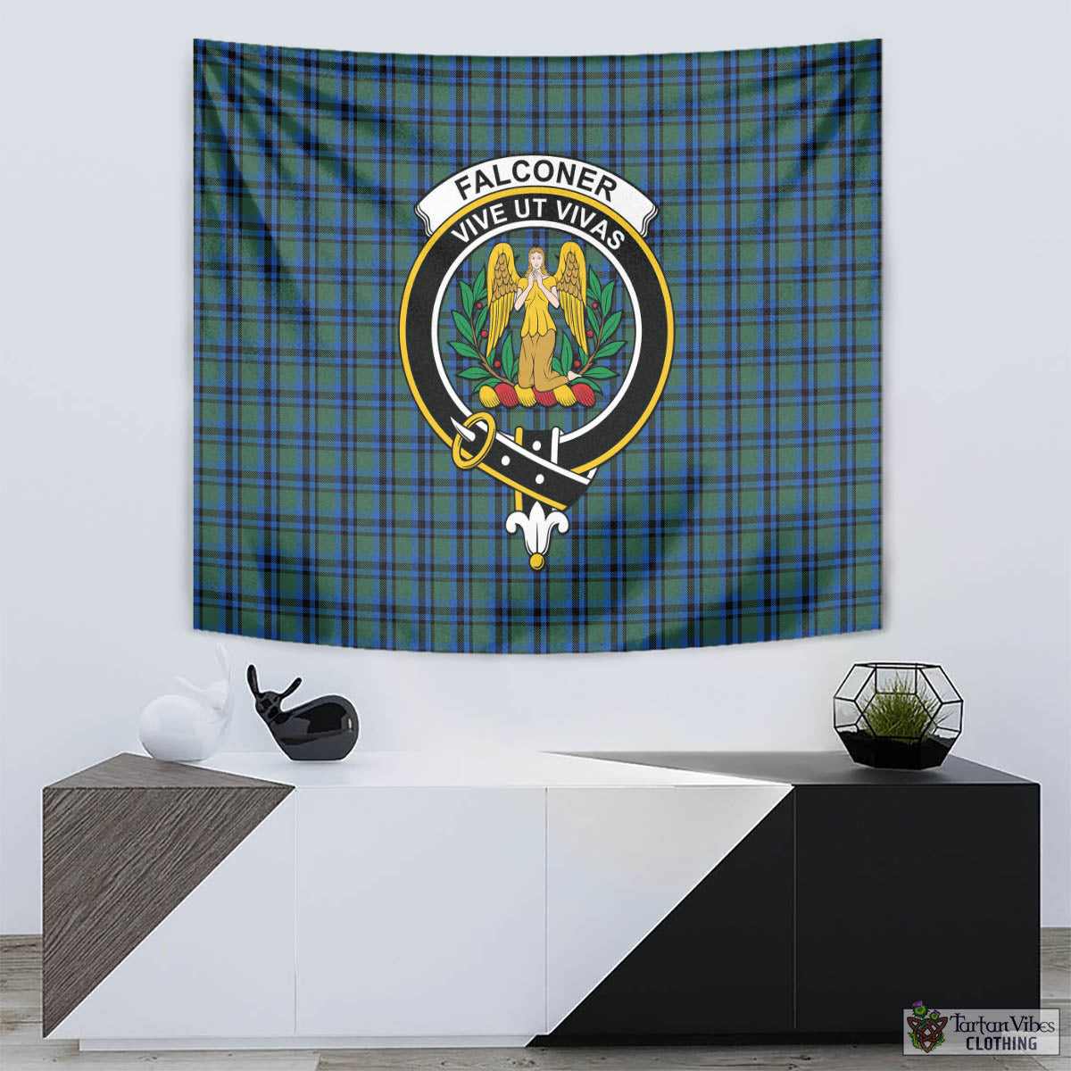 Tartan Vibes Clothing Falconer Tartan Tapestry Wall Hanging and Home Decor for Room with Family Crest