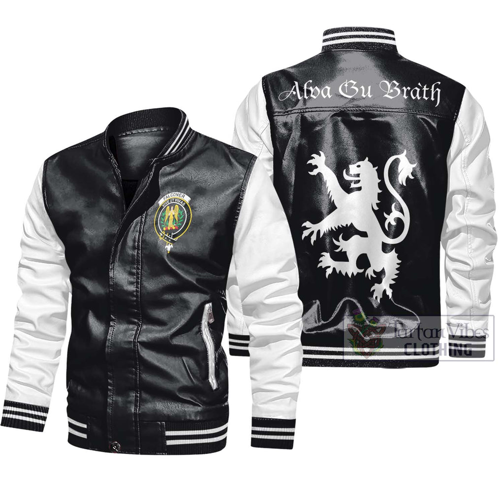 Falconer Family Crest Leather Bomber Jacket Lion Rampant Alba Gu Brath Style Black - White Unisex - 2D-tartanvibesclothing