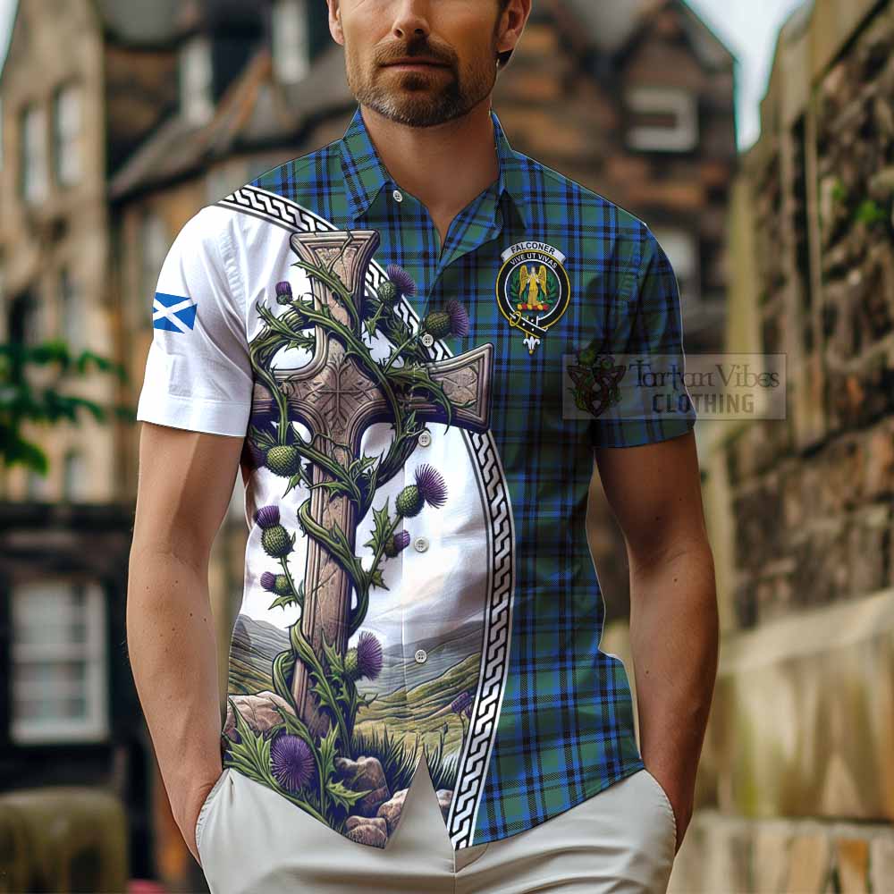 Tartan Vibes Clothing Falconer Tartan Short Sleeve Button Shirt with Family Crest and St. Andrew's Cross Accented by Thistle Vines