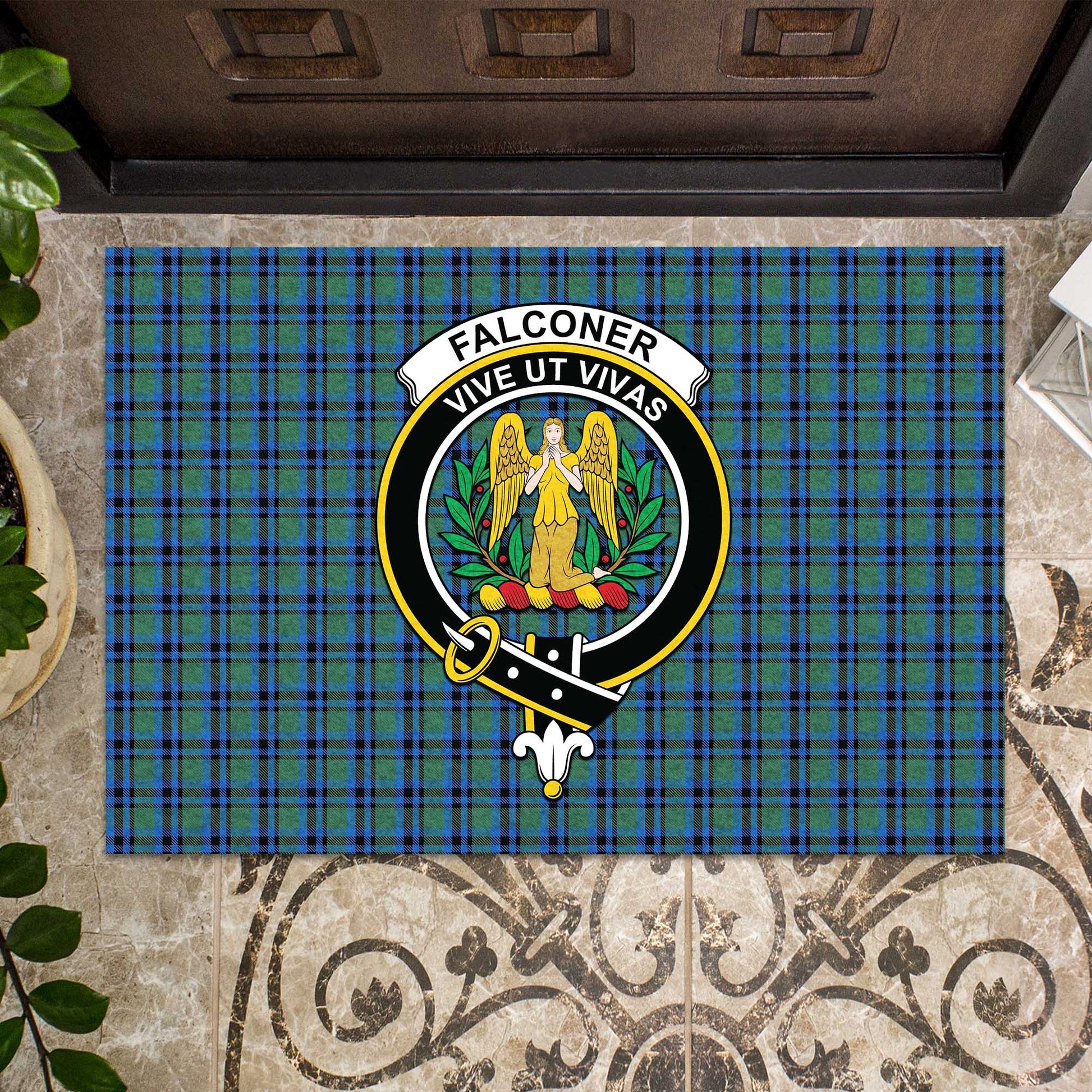 Falconer Tartan Door Mat with Family Crest - Tartanvibesclothing